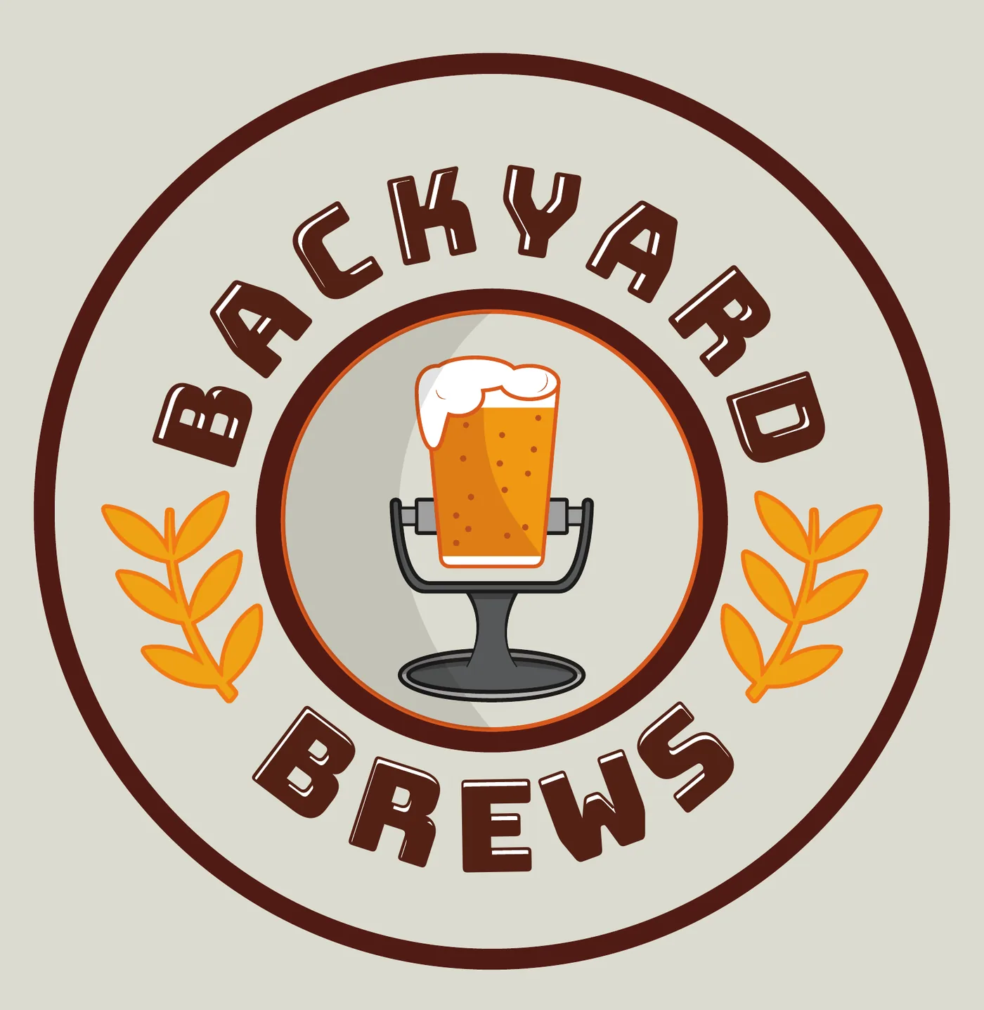 Backyard Brews primary emblem: a beer-glass microphone inside a circular badge with laurels