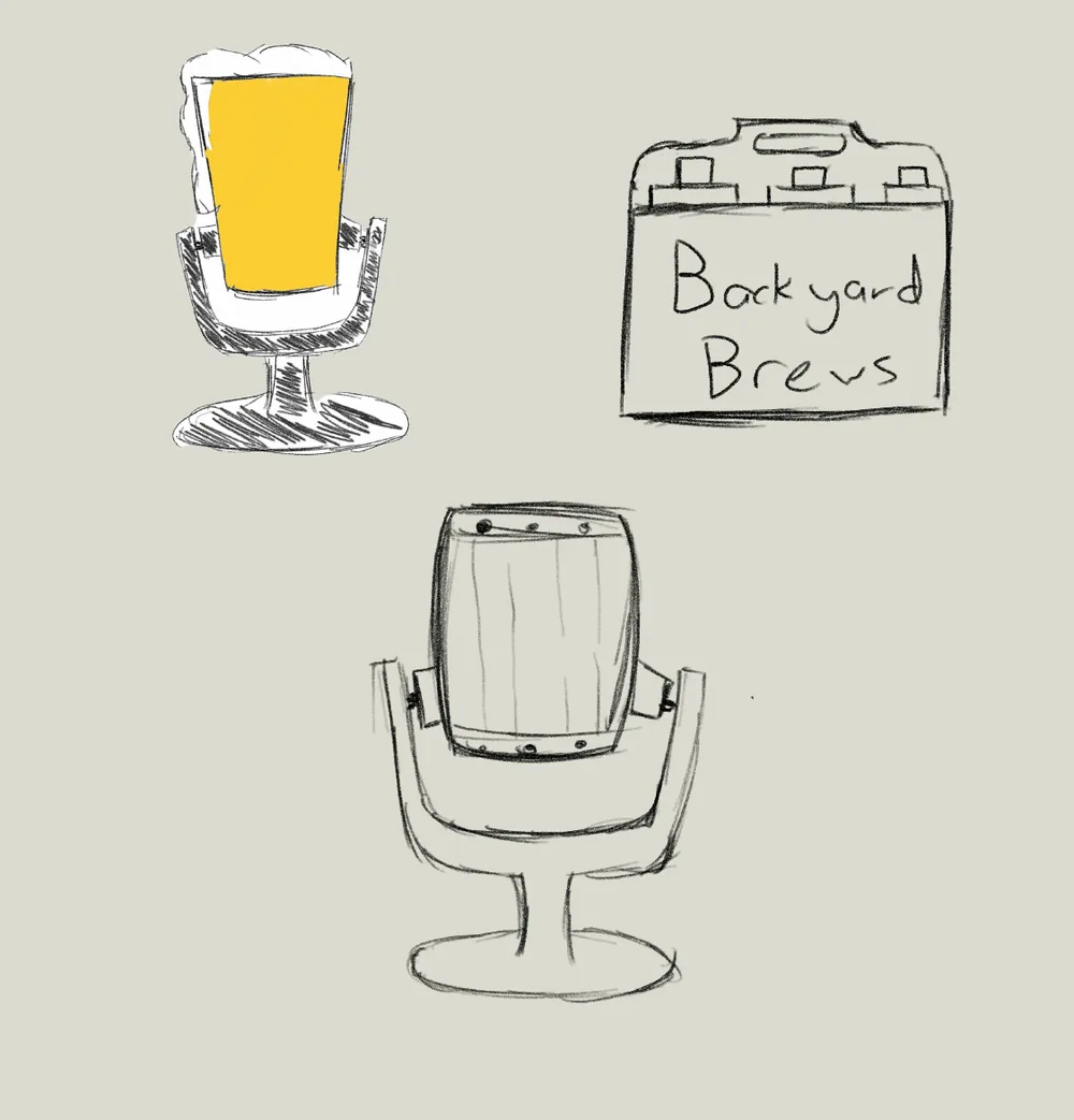 Pencil sketches of a pint glass and barrel merged with a microphone