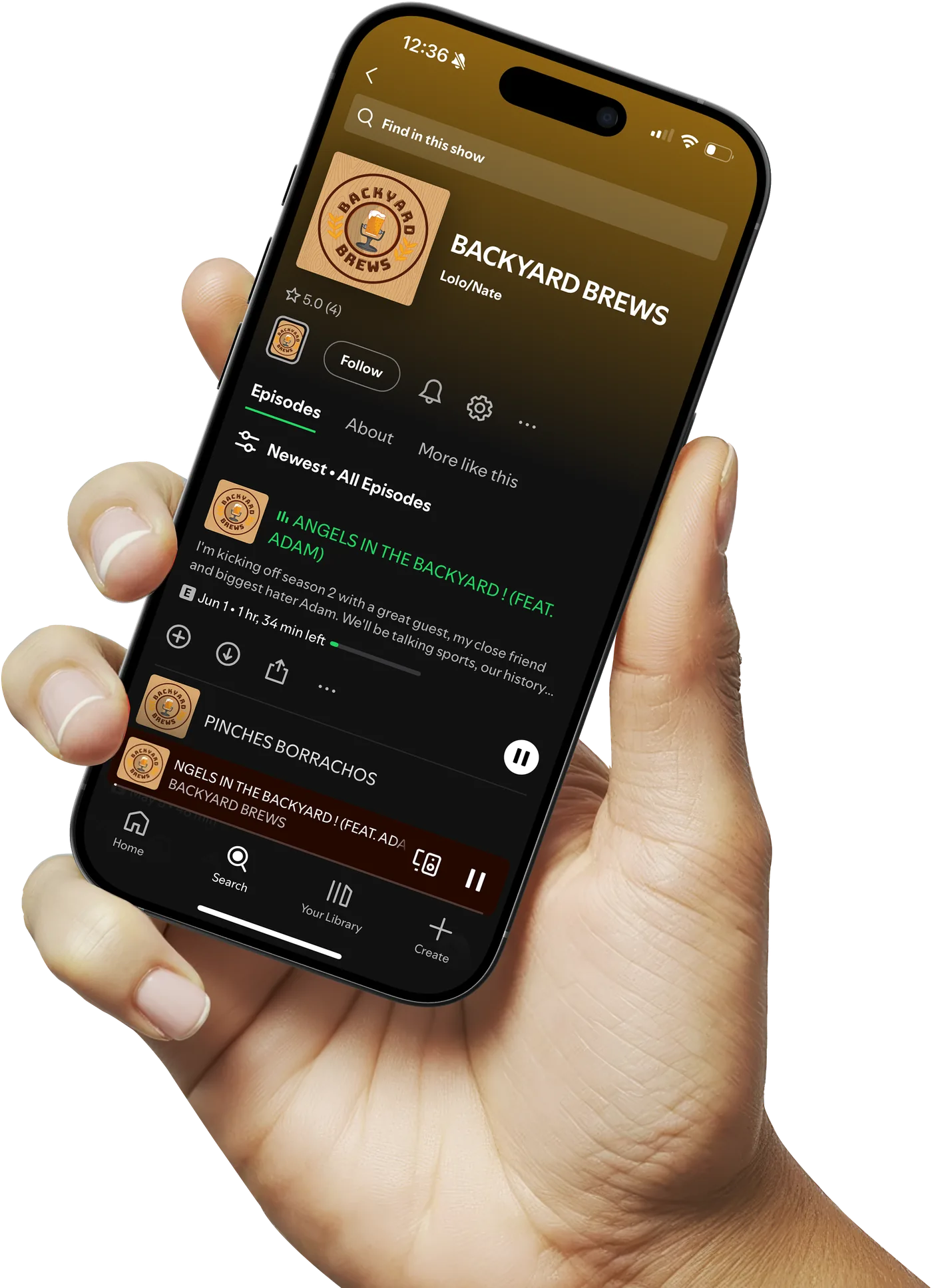 Hand holding a phone showing the Backyard Brews show page on Spotify