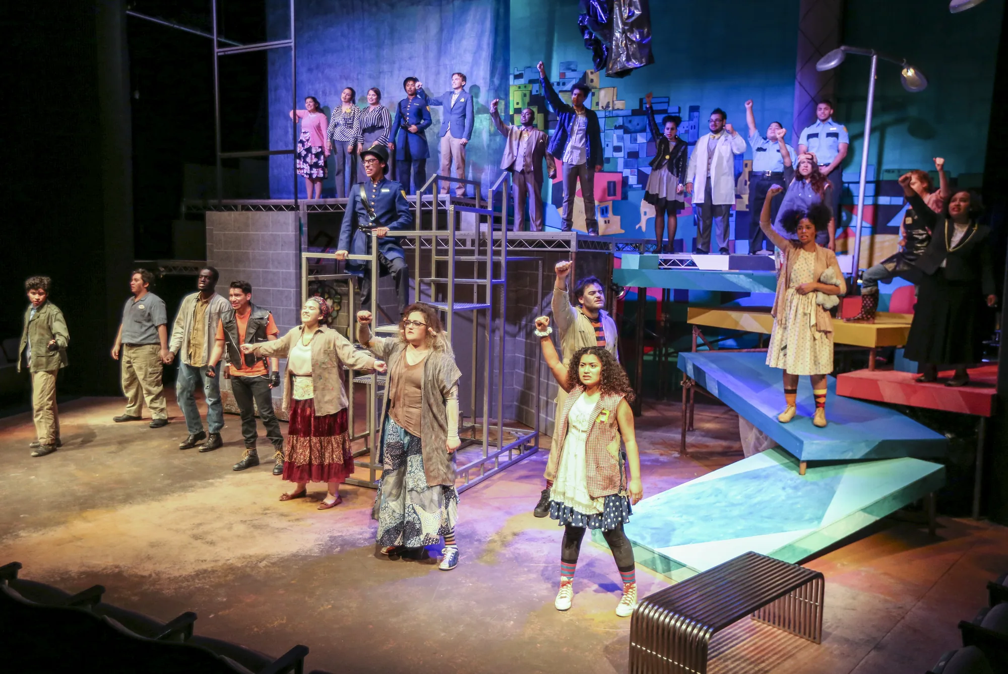 CSUSB Theatre cast performing on a colorful set