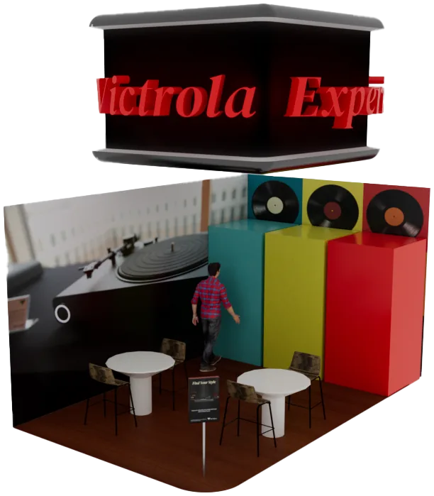 3D render of a Victrola display booth with colored plinths and turntables