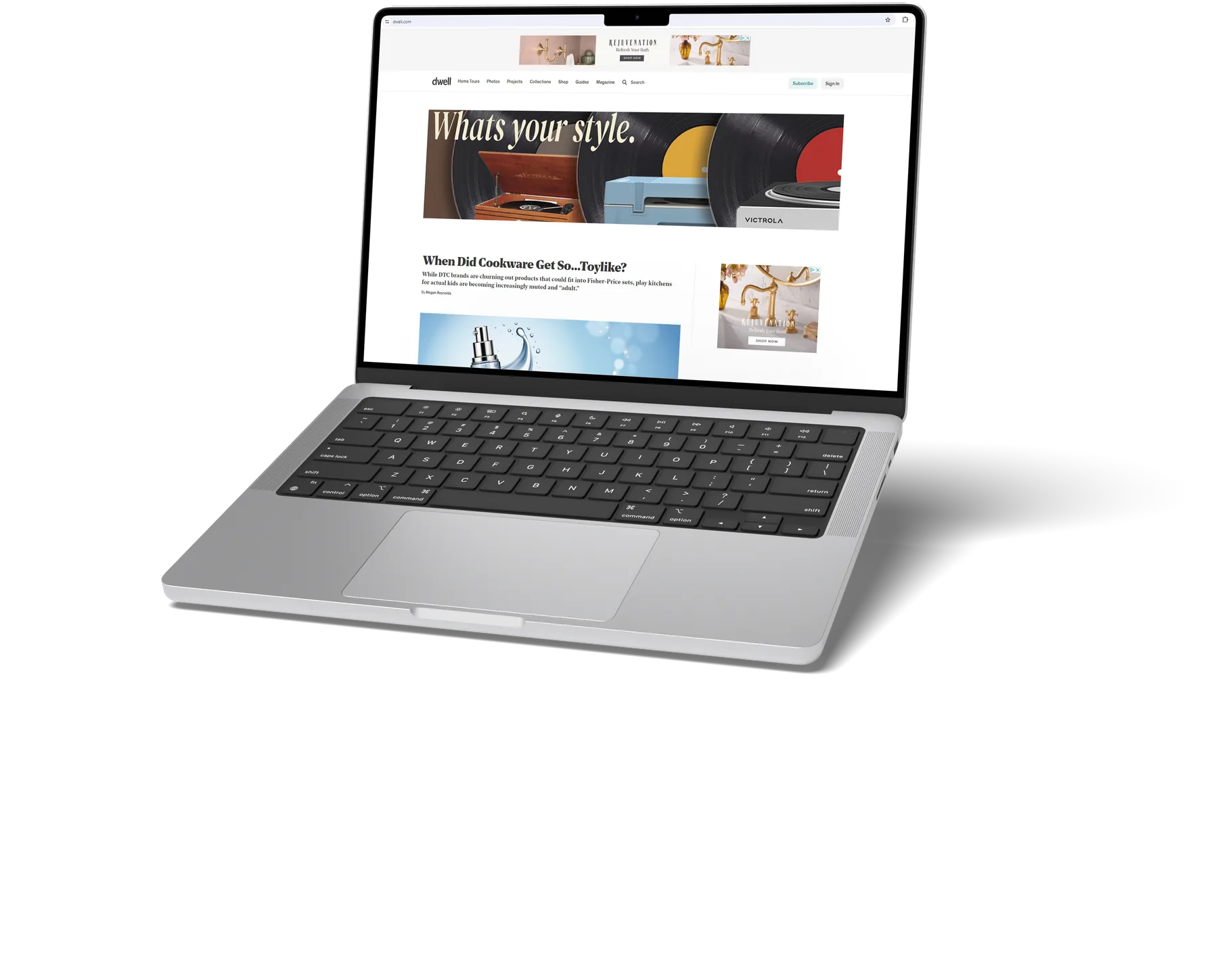 Laptop showing a Victrola web banner ad on an editorial site