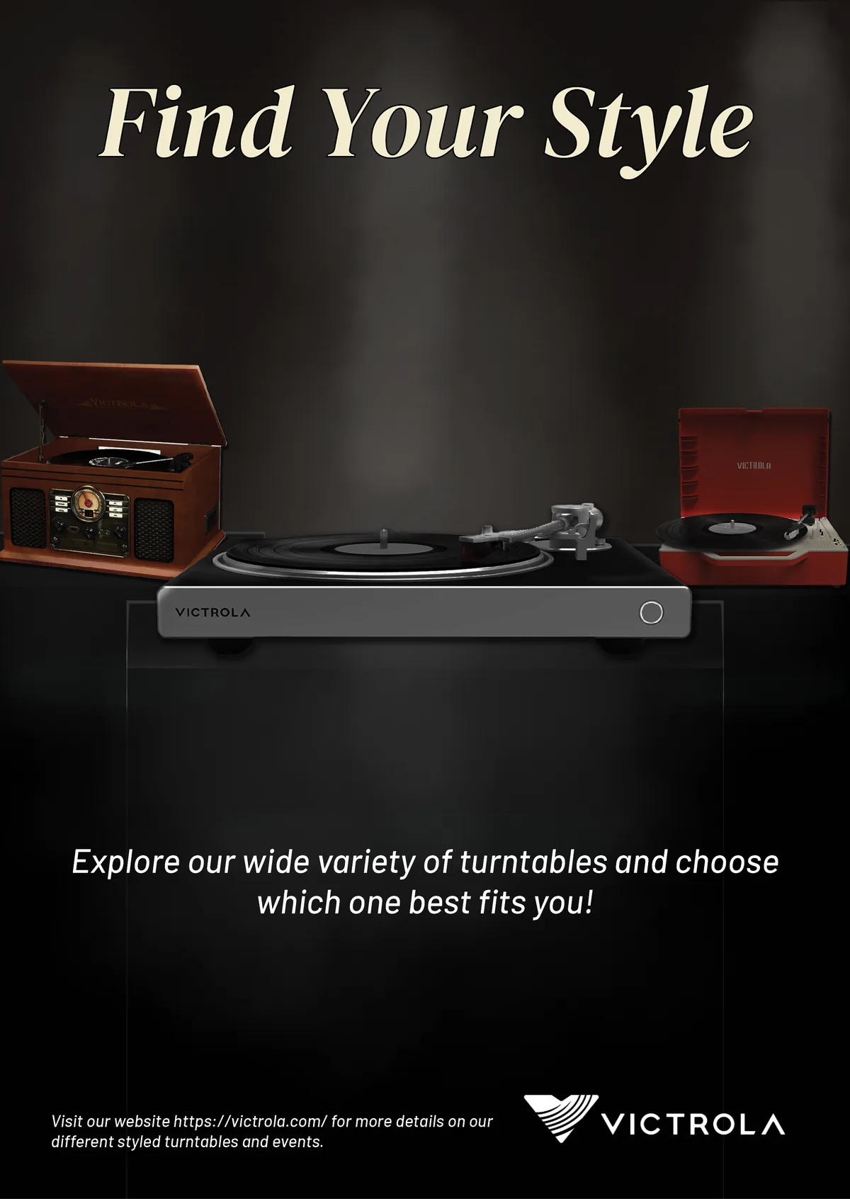 Victrola print ad with turntables on a dark background